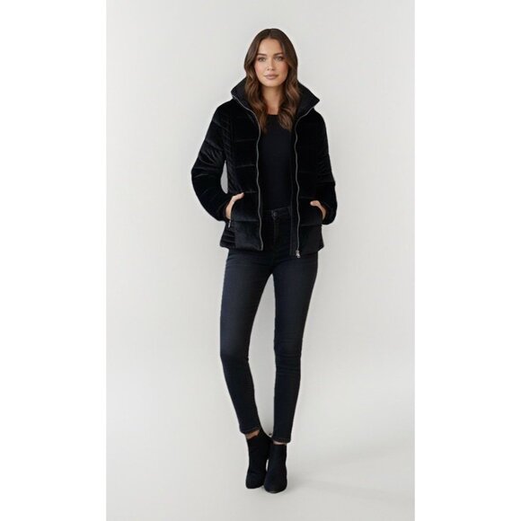 Guess Teoma Black Velvet Stretch Quilted Puffer Jacket Coat Sz M Y2K - Picture 1 of 7